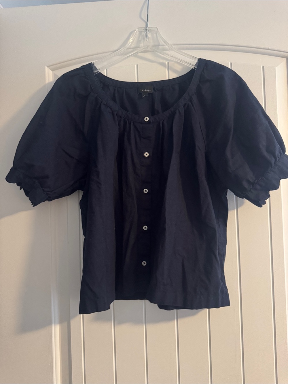 Talbots Navy Puff-Sleeve Button Front Blouse